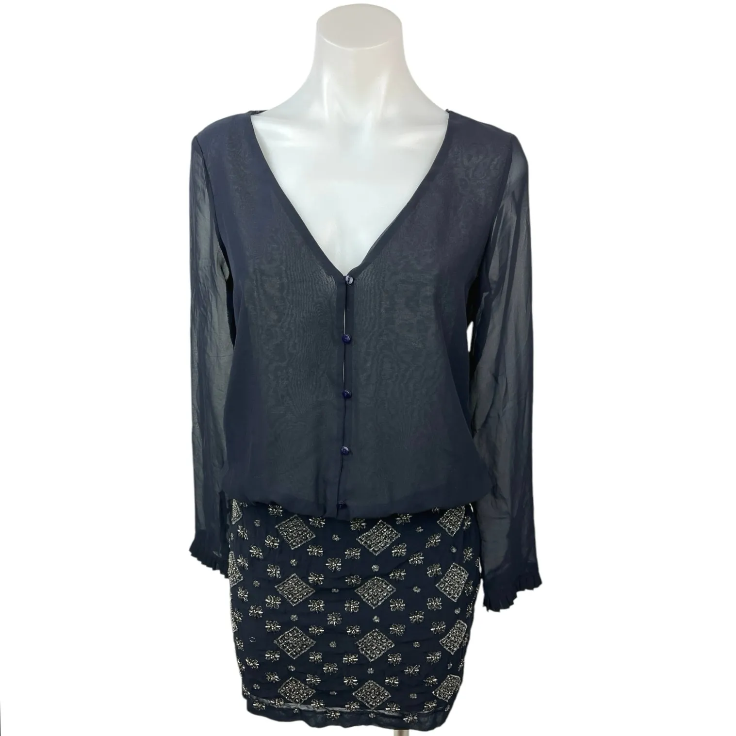 Zara Black Beaded Embellished Embroidered Sheer Long Sleeve Blouson Dress Sz XS - Image 3