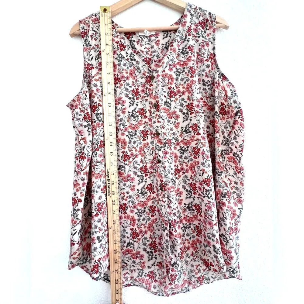 Women's floral pink top sleeveless V neck front romantic style bottom size XL - Image 4