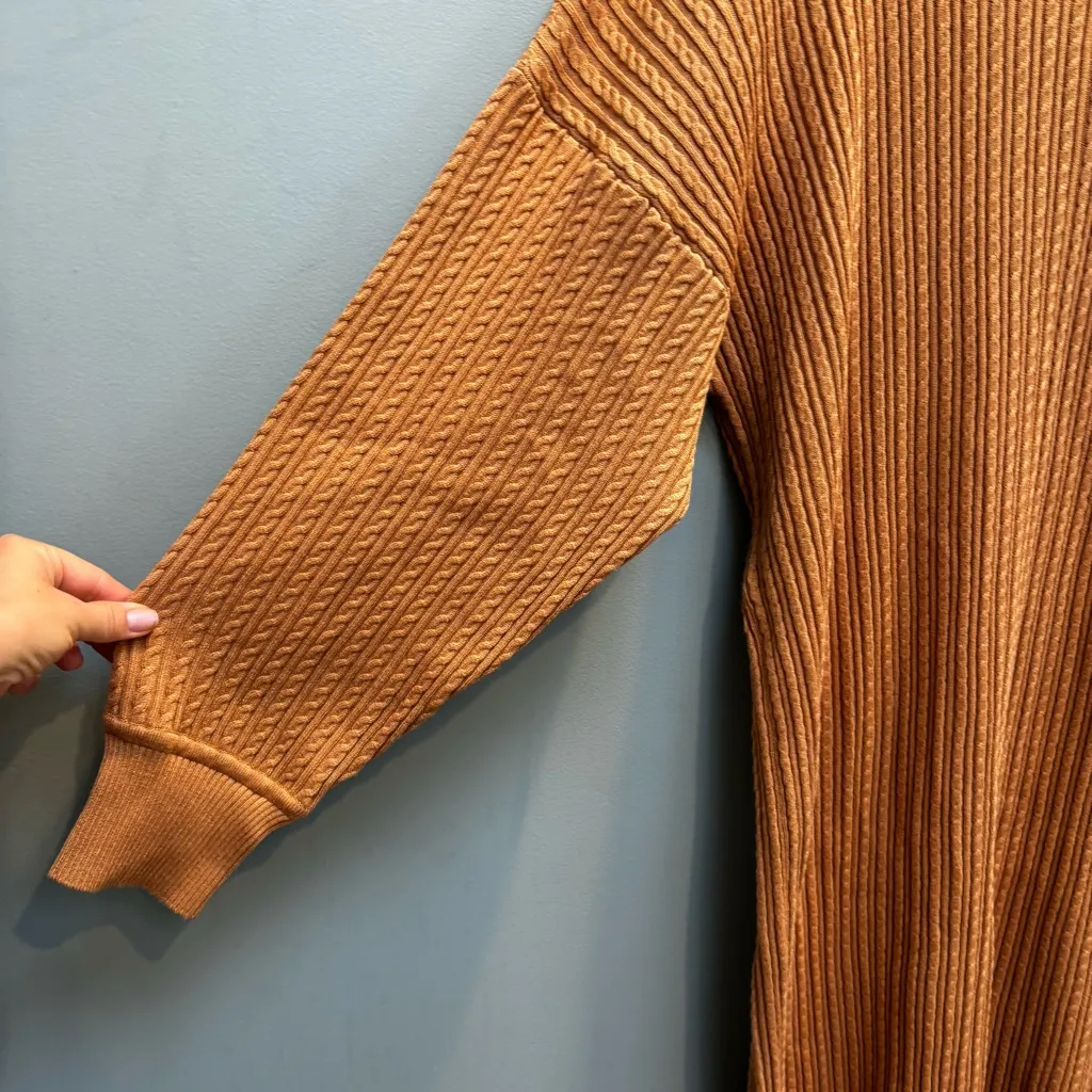 Misook Cable Knit Long Sleeve Midi Sweater Dress in Camel L - Image 6