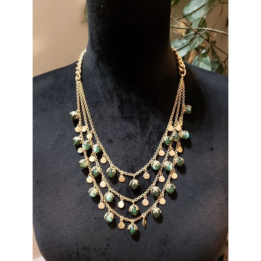 Women Gold Tone 3 Strand Olive Faux Pearls Coins Drop Statement Necklace Jewelry - Image 2