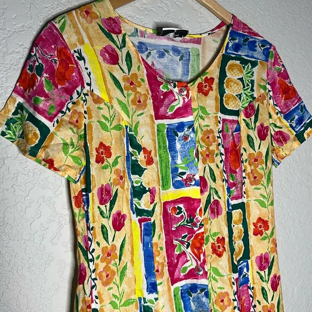 Vintage Hilo Hattie Hawaiian Tropical Floral Midi Shirt Dress Vacation Pineapple Gold Size 8 - Image 4