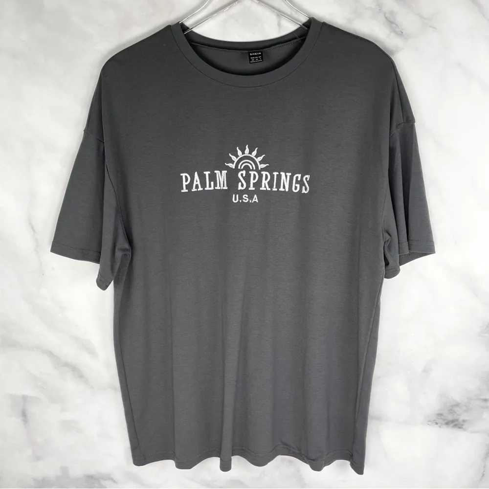 Palm Springs Embroidered Oversized Relaxed Graphic Tee T Shirt Gray Retro XS - Image 2