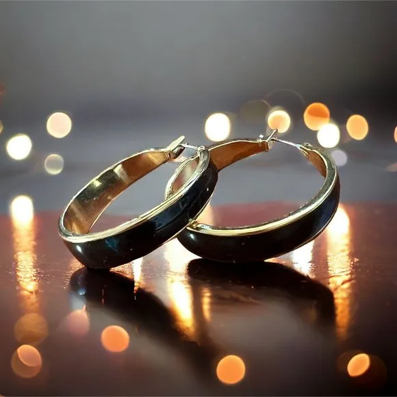 Gold Tone Black Enamel Hoop Earrings 1.25" across Classic Formal Career - Image 2