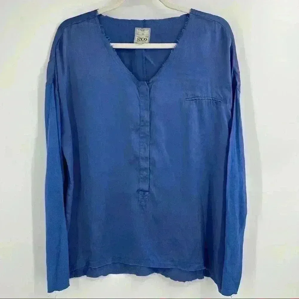 Go > By Go Silk Blue Silk Top W/ Linen Sleeves‎ And Raw Hem. Size Small - Image 10