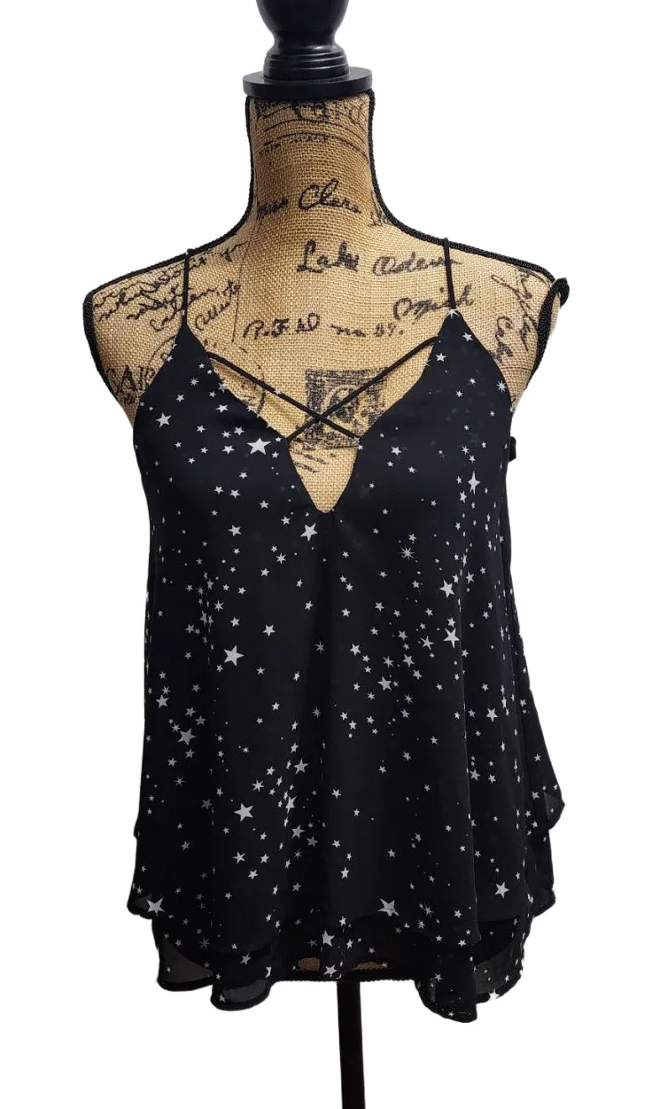 She Sky Top Womens Size Small Black Camisole Star Spaghetti Straps Celestial - Image 1