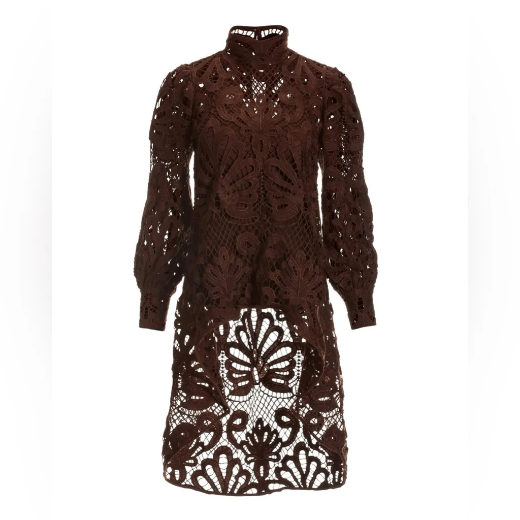 Boston Proper Brown Mock Neck Lace High Low Blouse with Cami - Image 2