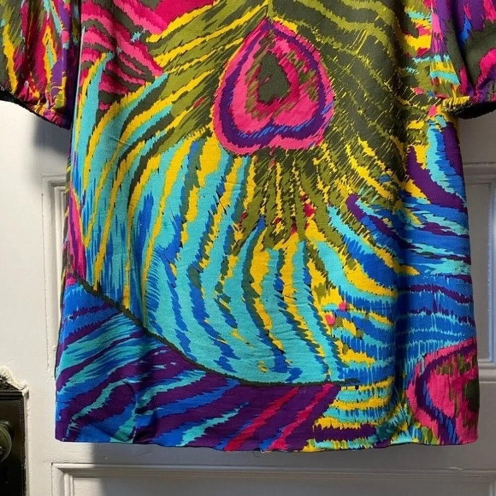 TRINA TURK Kerry Peacock Feather Print Silk Blend Shift Dress Multicolor Sz 2 - Image 7