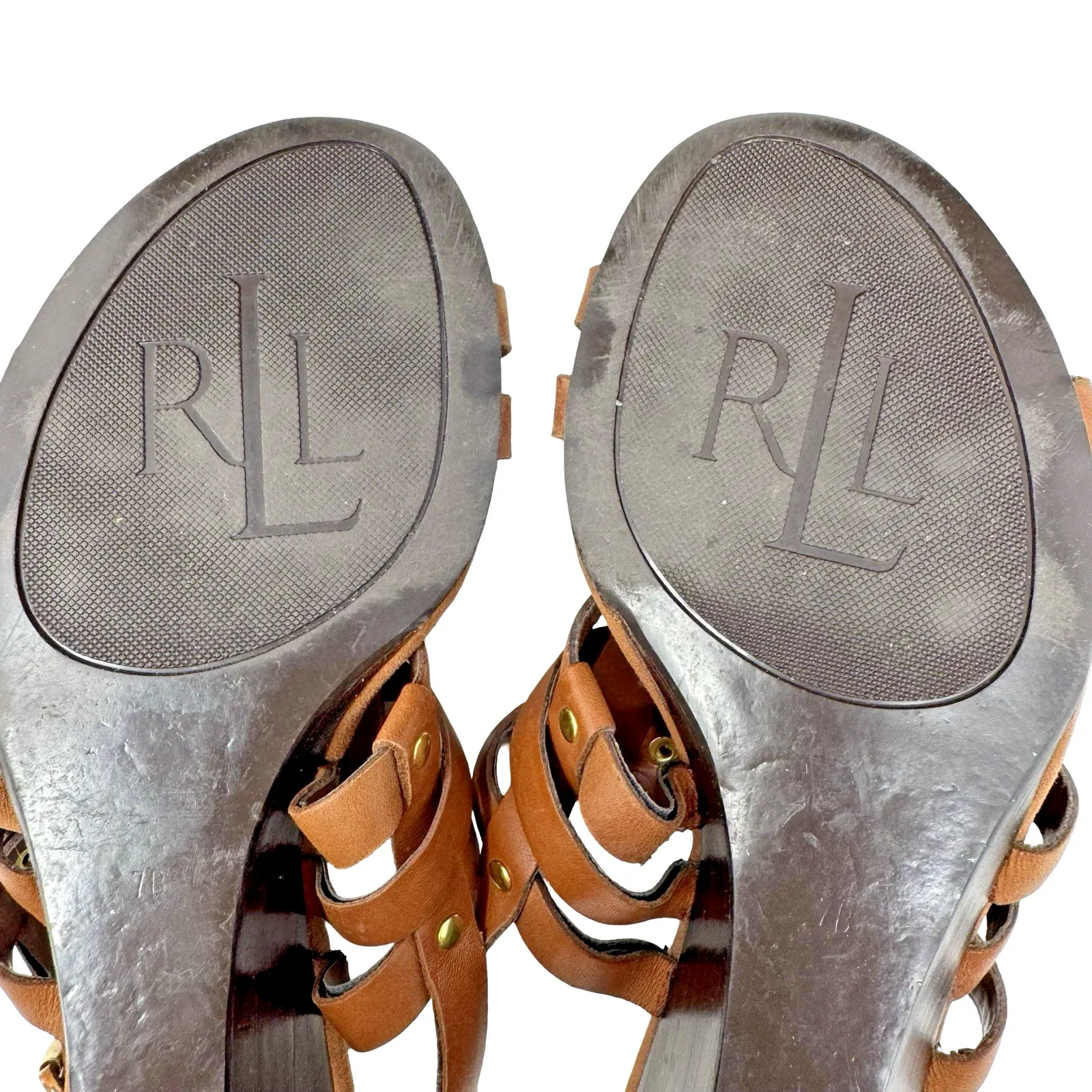 Lauren Ralph Lauren LRL Sandals Lucetta Brown Tan Leather Strappy Buckle Wms 7B - Image 9