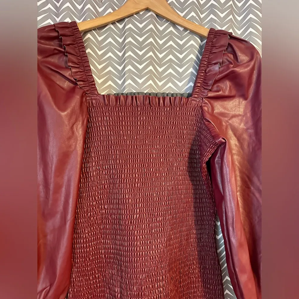 NWT 7 for All Mankind | Smocked Faux Leather Mini Dress, Size Medium - Image 4