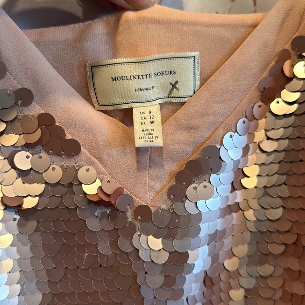 Moulinette Soeurs Camisole Anthropologie Pink/Rose Gold Sequin Spaghetti Strap 8 - Image 4