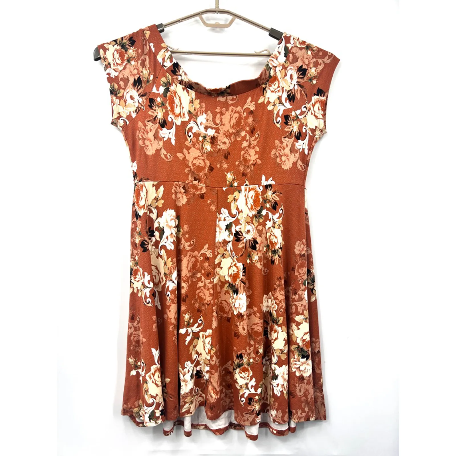 Torrid Off‎ The Shoulder Skater Dress Luxe Ponte Rusty Brown Floral 2X - Image 6