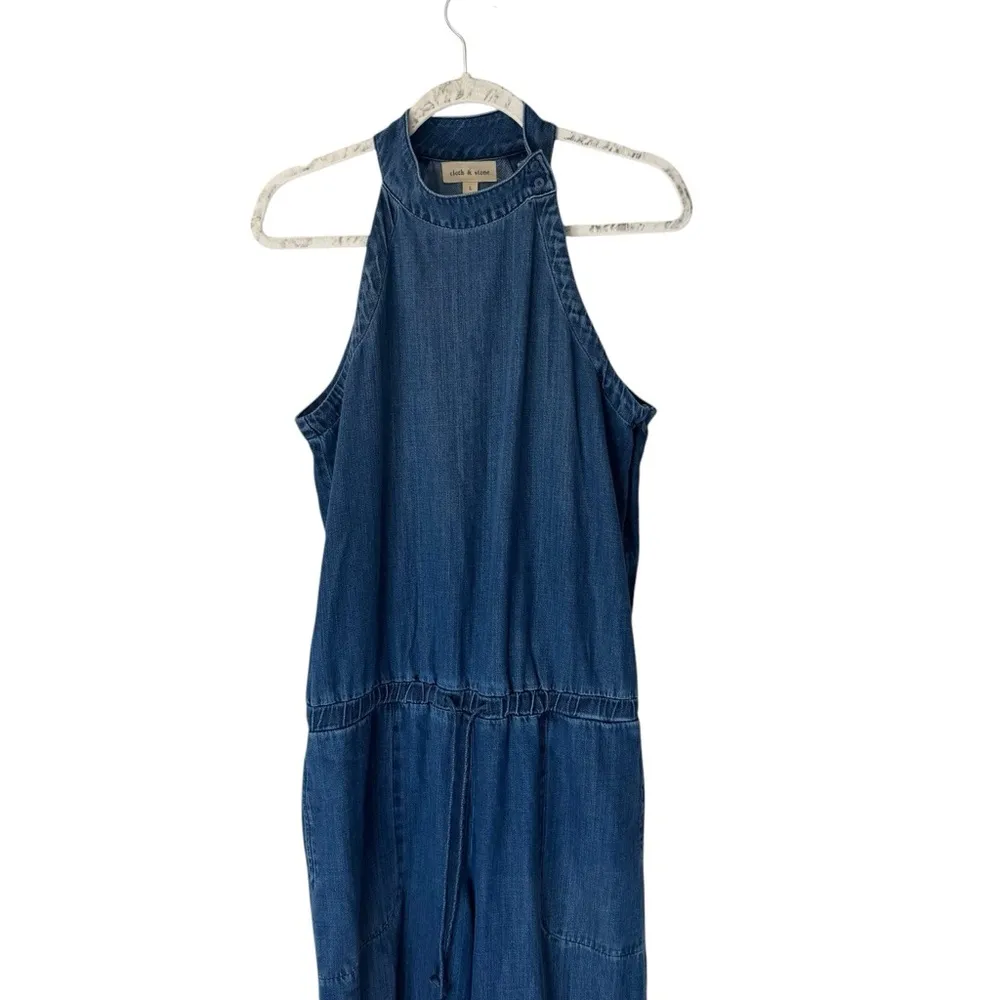 Cloth & Stone x Anthropologie - NWOT Blue Denim Halter Wide Leg Jumpsuit Sz L - Image 3
