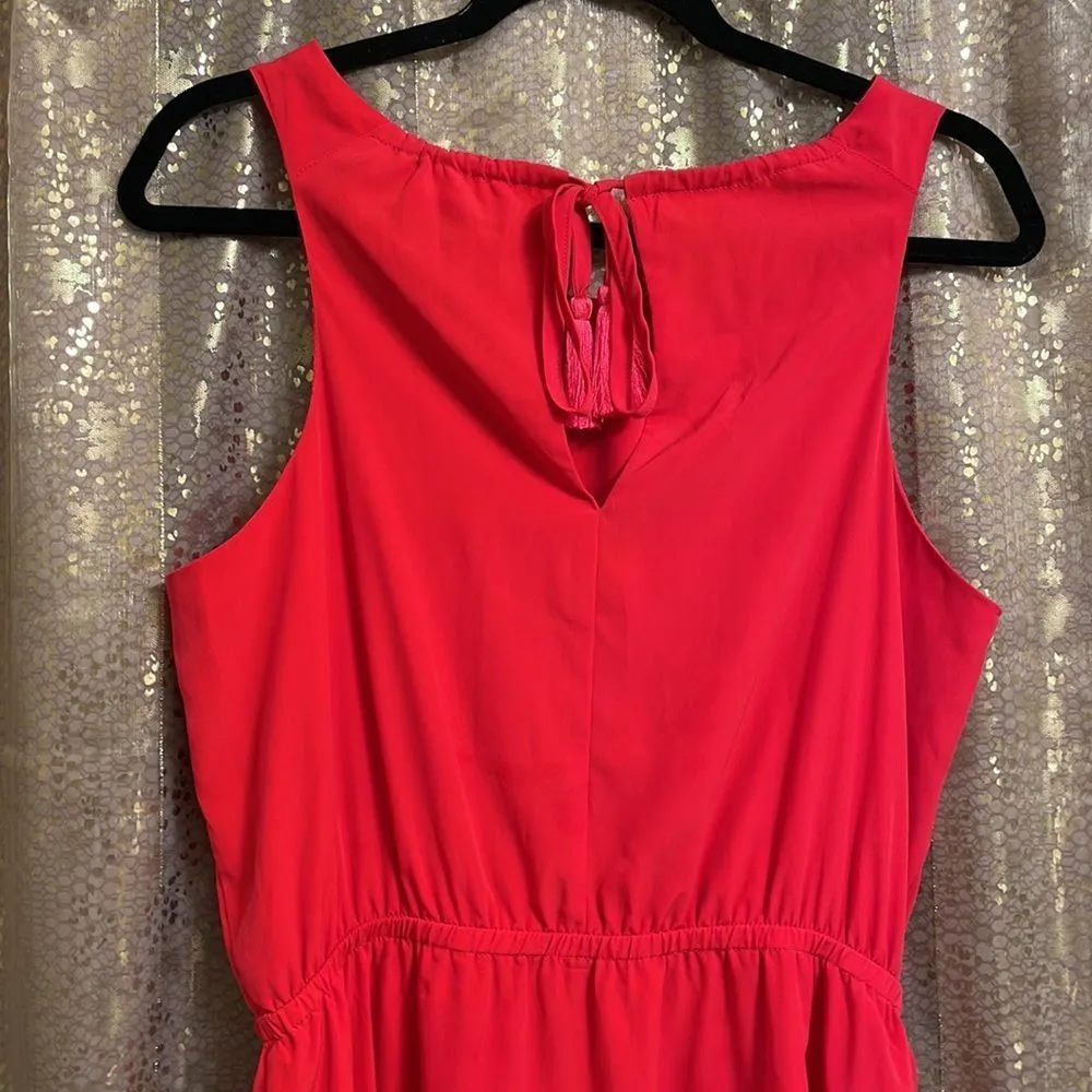 Athleta bright neon coral pink/red fit and flare dress, tie back w/ tassels, S - Image 5
