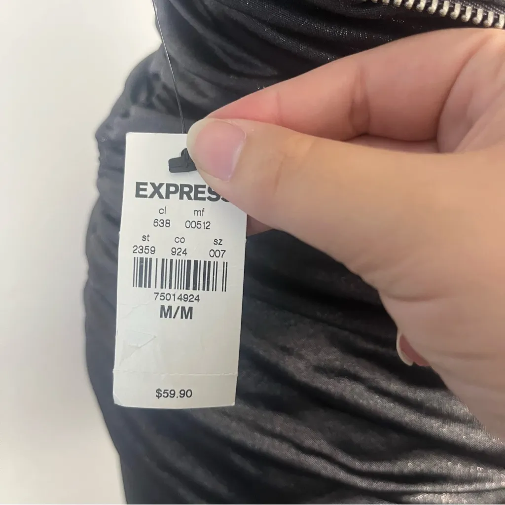 New express strapless ruched dark grey silver sheen top size medium - Image 2