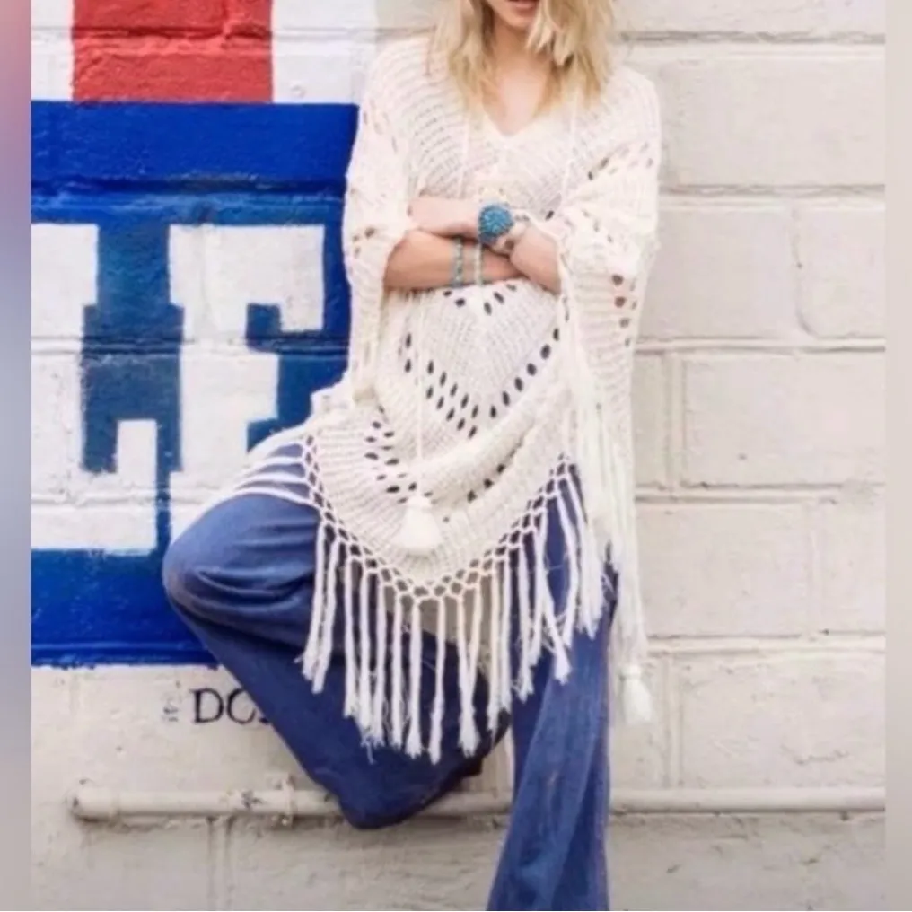 SPELL Route 66 Crochet Cream Knit Poncho Tassel Fringe Boho Festival Size undefined - Image 2