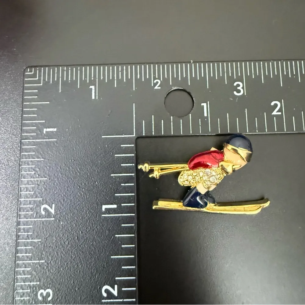 Vintage Regency Accessories Enameled Rhinestone Skier Gold Tone Brooch Pin 13g. - Image 6