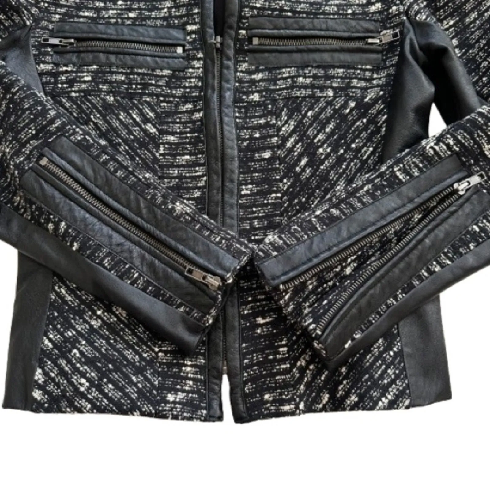 Parker Jacket Blazer Nolita Black White Tweed Lambs Leather Collarless Small - Image 9