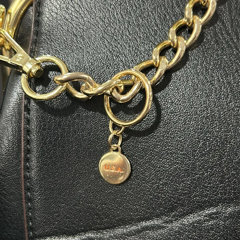 Black Crossbody Bag with Gold Chain and Decorative Patches - Image 2