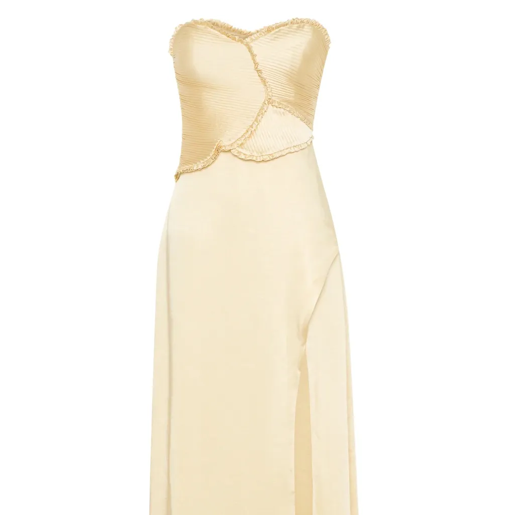 Meshki Larissa Satin Maxi Dress with Ruched Petals- Lemon Yellow - Image 8