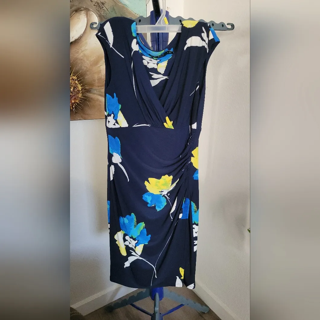 Ralph Lauren Navy Blue Floral Print‎ Jersey Ruched Dress Size 4 - Image 16