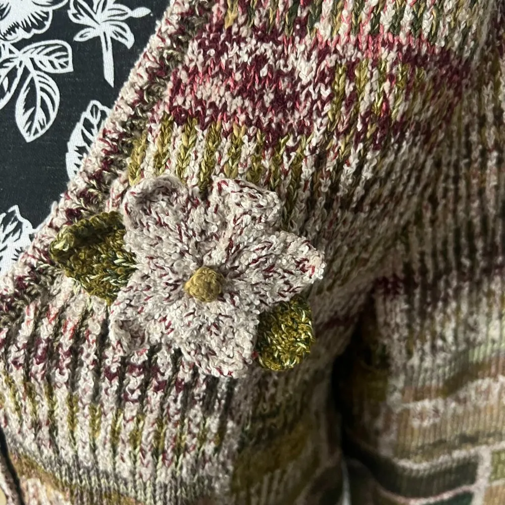 Peruvian Connection Cardigan Pima Cotton Patchwork Floral Button Down Large - Image 5