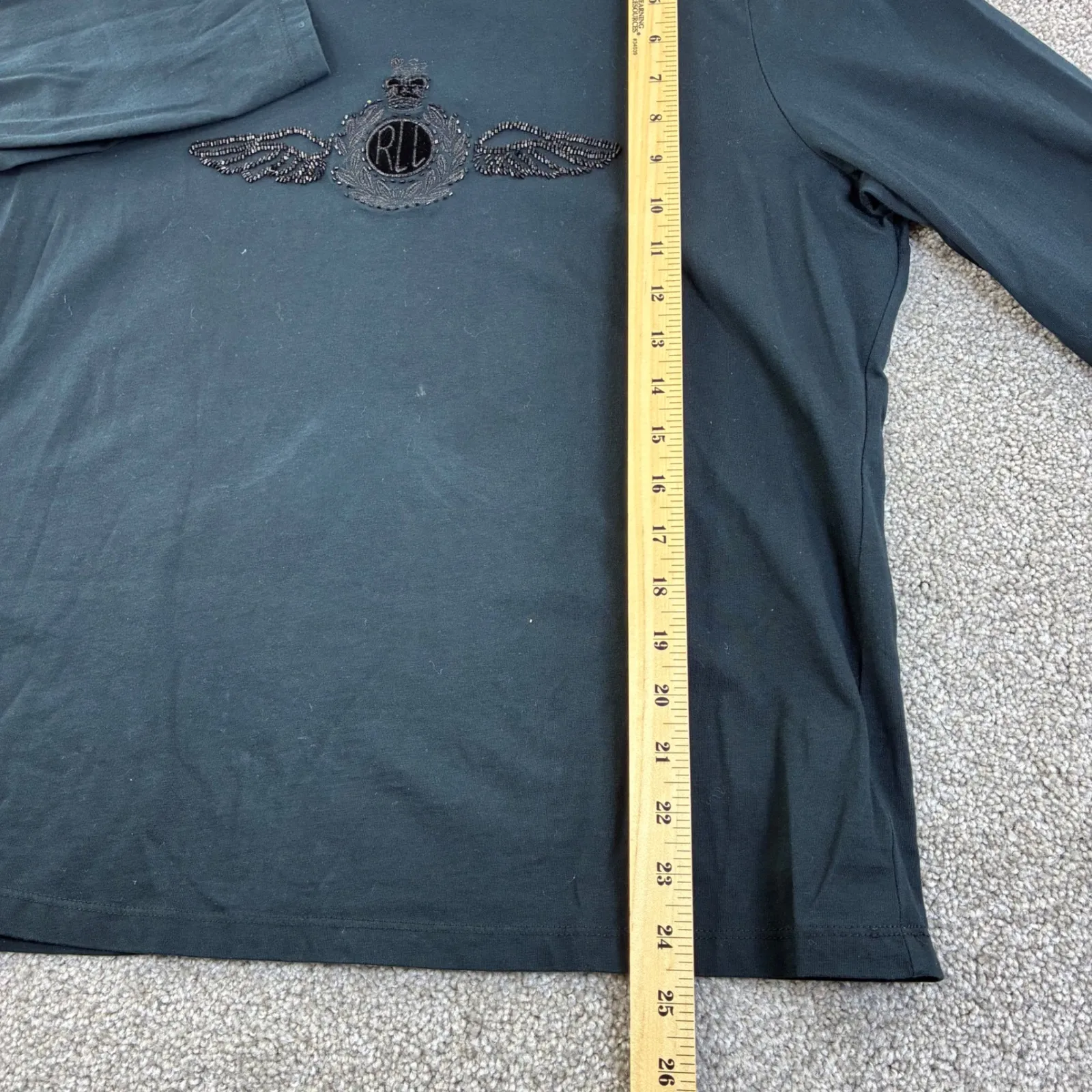 Lauren Ralph Lauren Active Womens XL Long Sleeve Shirt Black Beaded Crest Y2K - Image 3