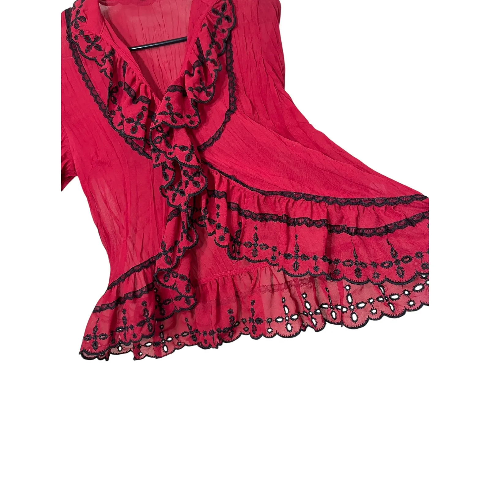 NY Collection Petite Blouse Red Black Ruffle Sheer‎ Button Down size S - Image 4