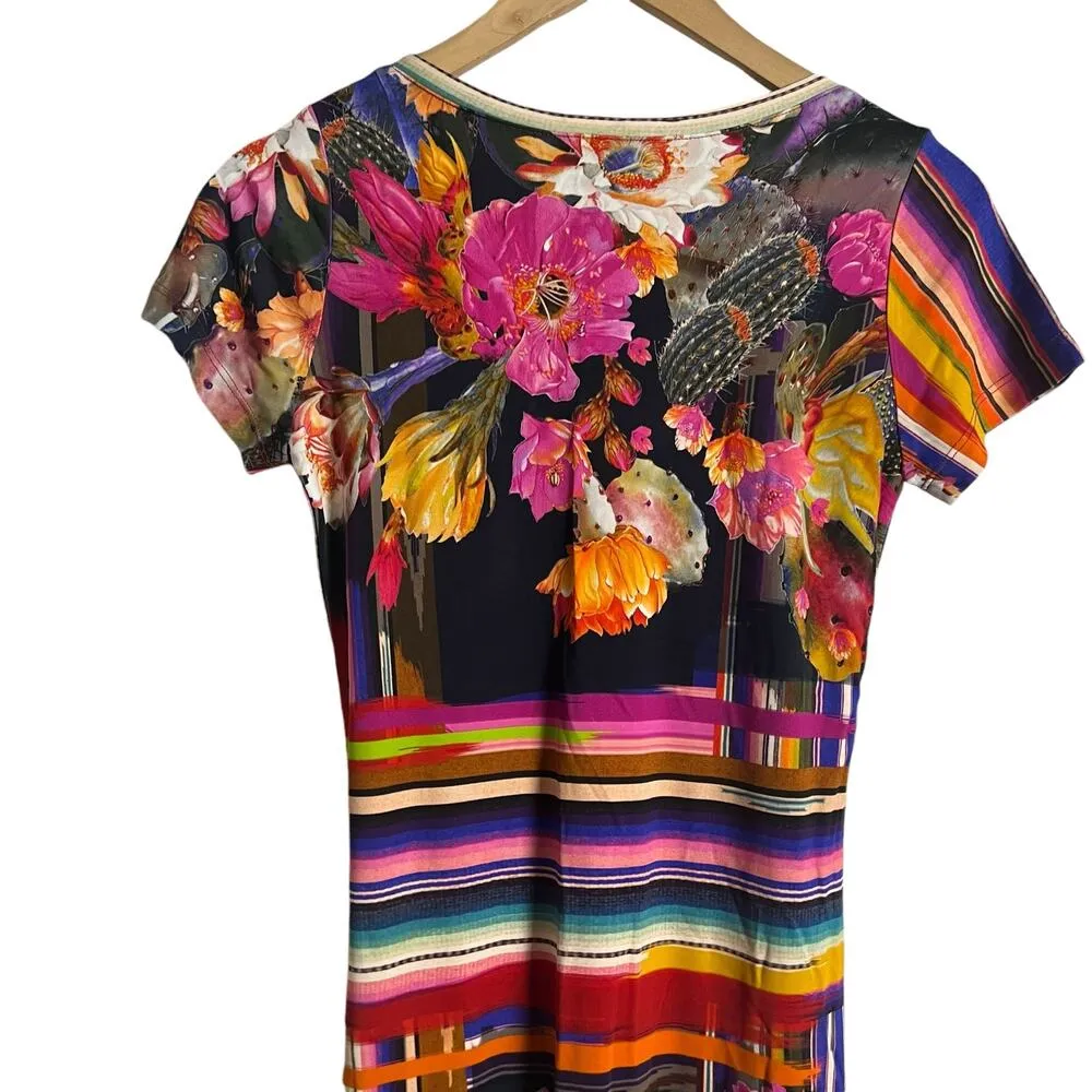 Fuzzi Striped Floral Multicolor Short Sleeve Scoop Neck Jersey Maxi Dress Size S Black - Image 8