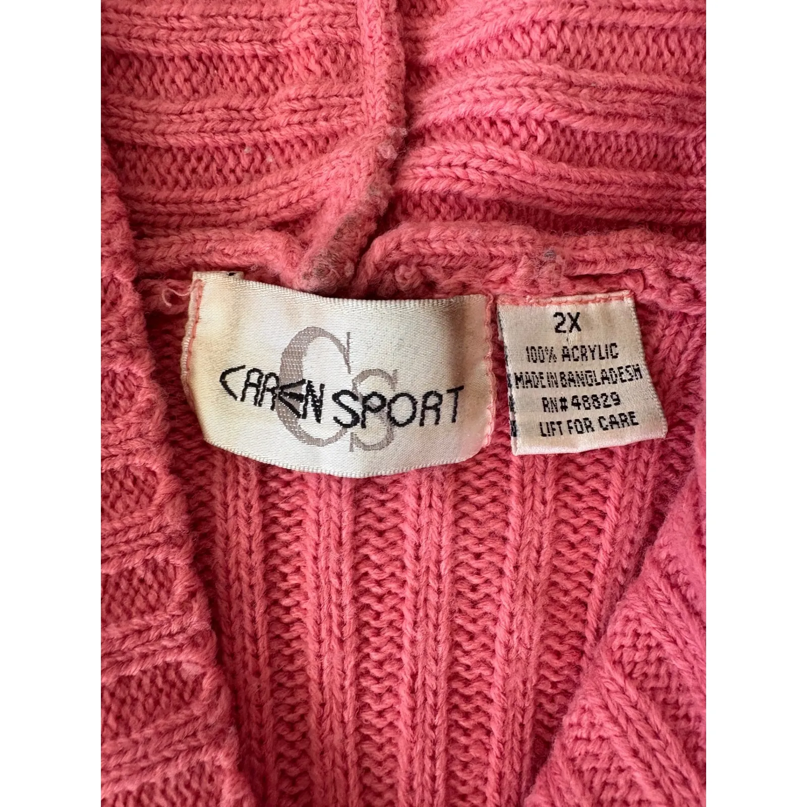 Caren Sport Coral Cable Knit Hooded Pullover Sweater Pouch Pocket 2X Pink Size XXL - Image 3