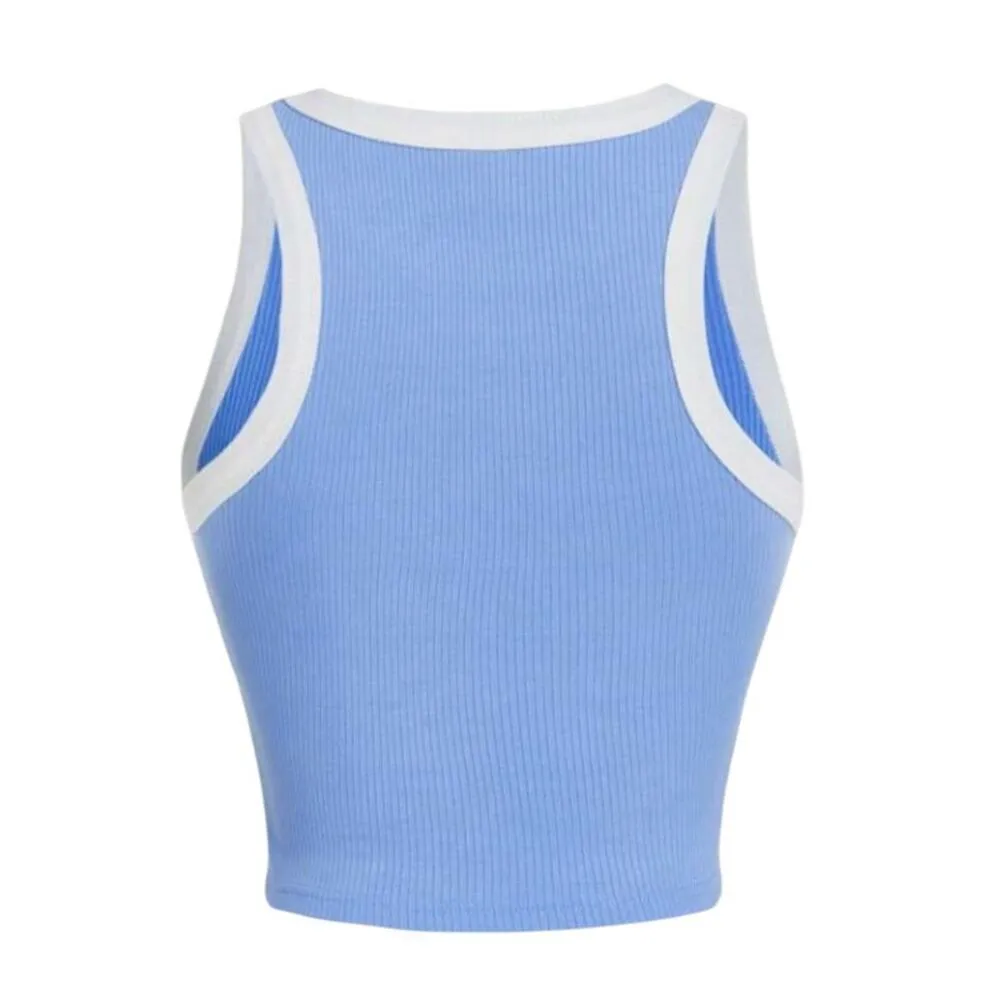 Contrast Binding Ribbed Tank Top in Blue, Size M​​ - Image 2