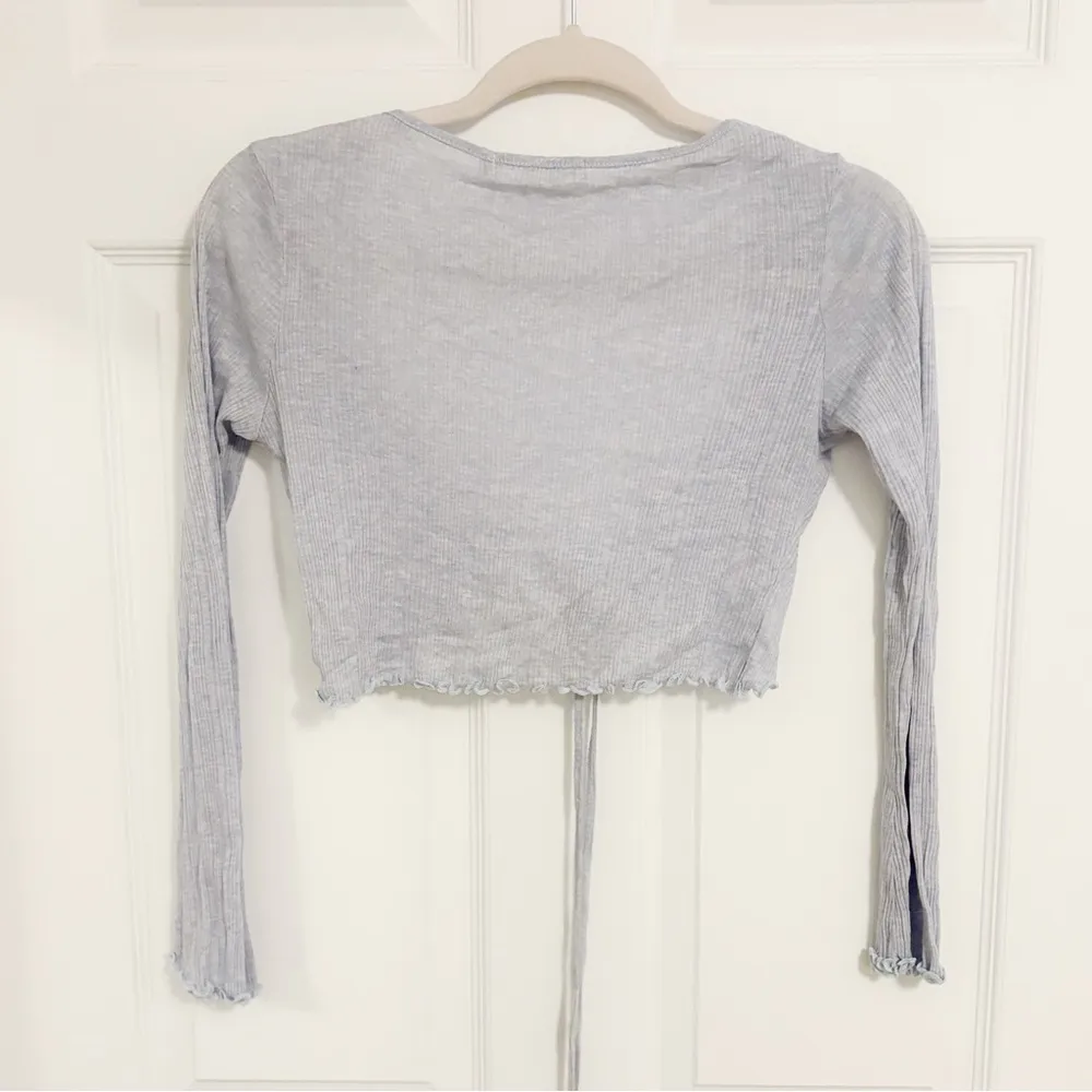 Korean Y2K Cottage Pastel Baby Blue Thin Crop Ribbon Tie Cardigan Size XS - Image 4