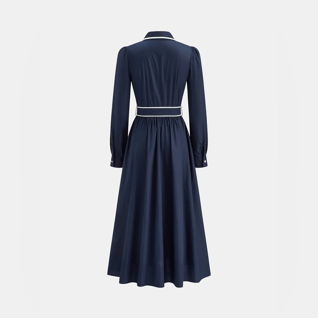 COMMENSE Contrast Trim Belted Pleated Shirt Dress COLOR - Image 3