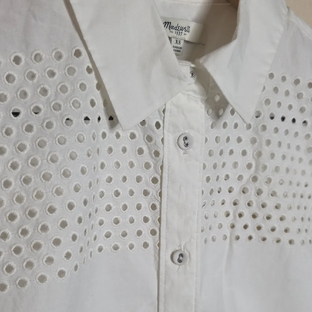 Madewell Button Down Cotton Shirt Eyelet Scalloped Hem Short Sleeve White XS - Image 3