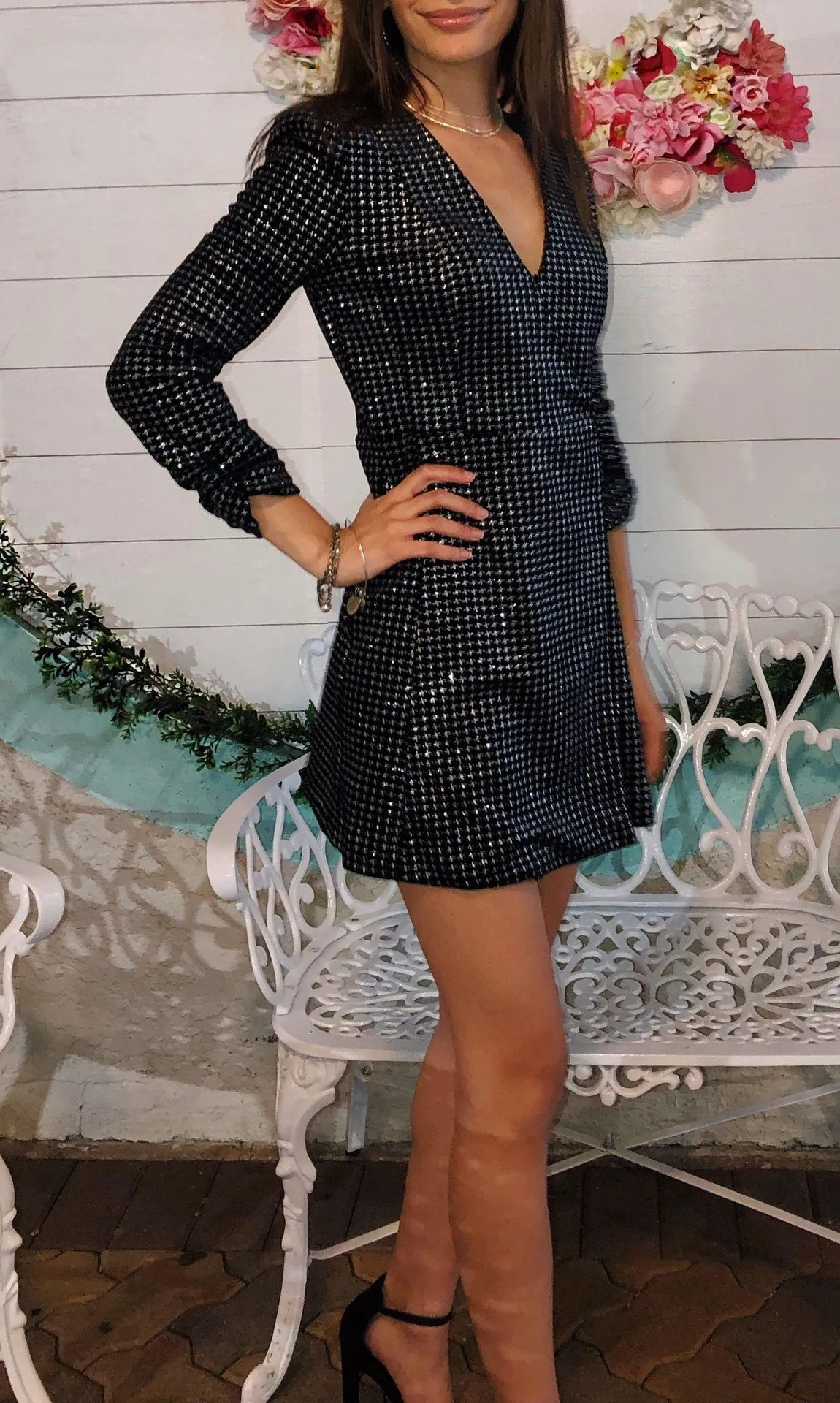 Black Silver Houndstooth ASTR the Label Blazer Metallic Wrap Dress Suit - Image 5