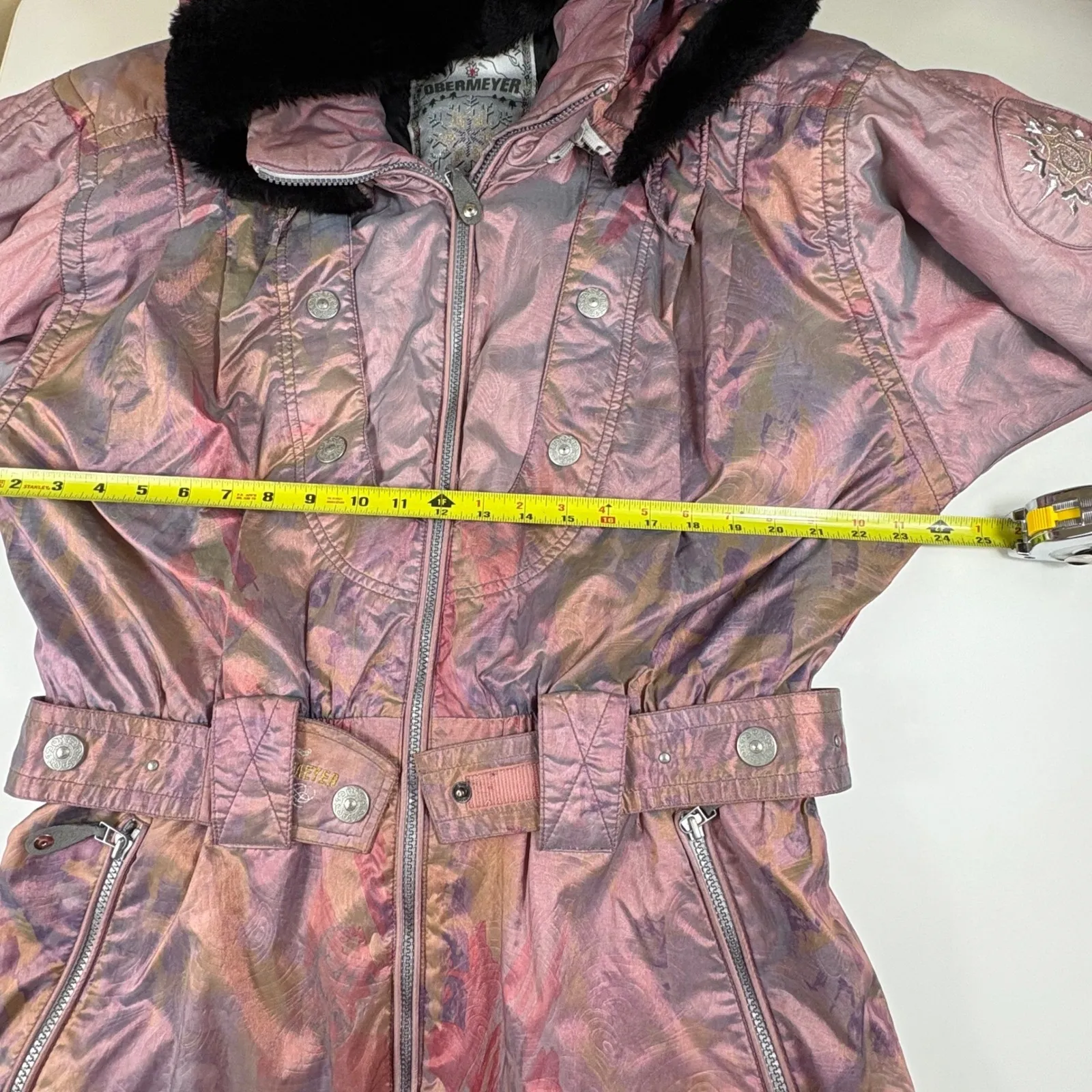 Obermeyer Women Vtg Ski Jacket Hooded Pink Purple Metallic Paisley Full Zip Sz L - Image 13