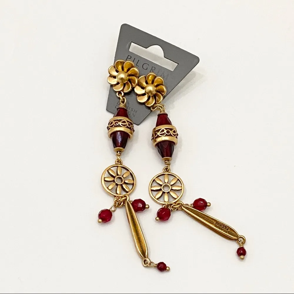 PILGRIM Danish Design Garnet Gold Long Dangling Drop Pierced Earrings - Image 3