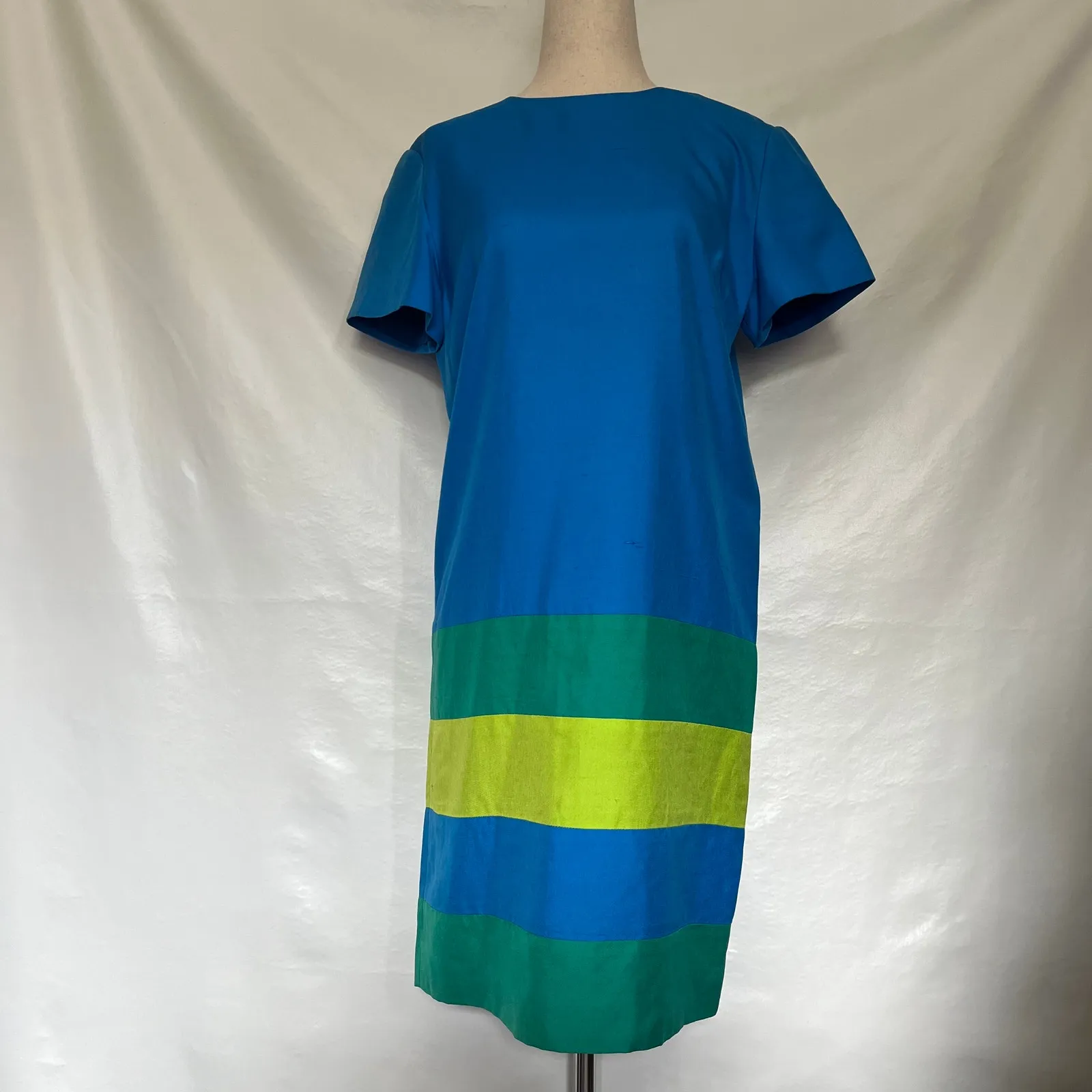 Papell 100% Silk Shift Womens Dress Sz 4P Artsy Bright Colorblock 60s Inspired Blue - Image 13