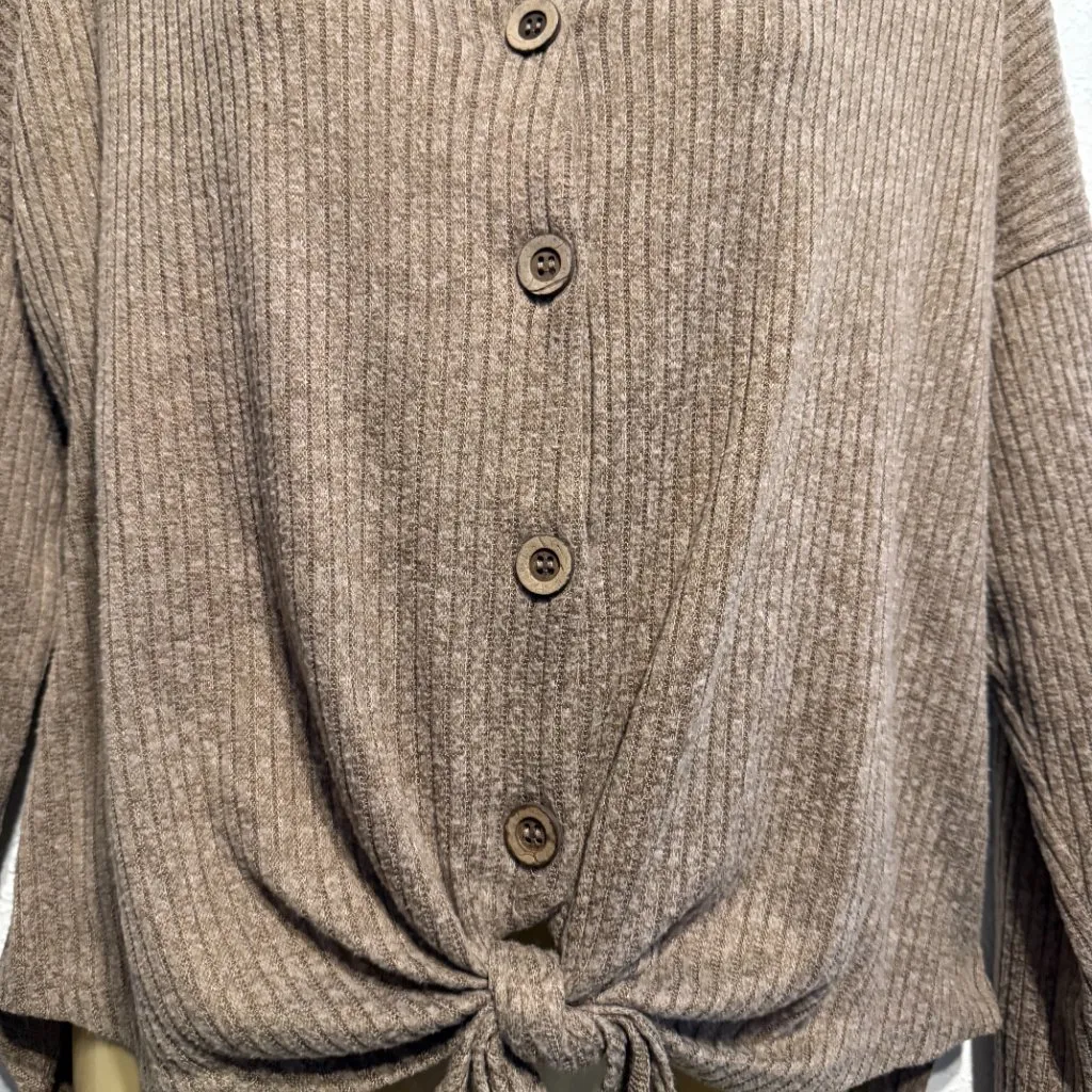 Liberty Love Brown Ribbed Knit Button Down Tie Front Blouse Women’s Size L Top - Image 2