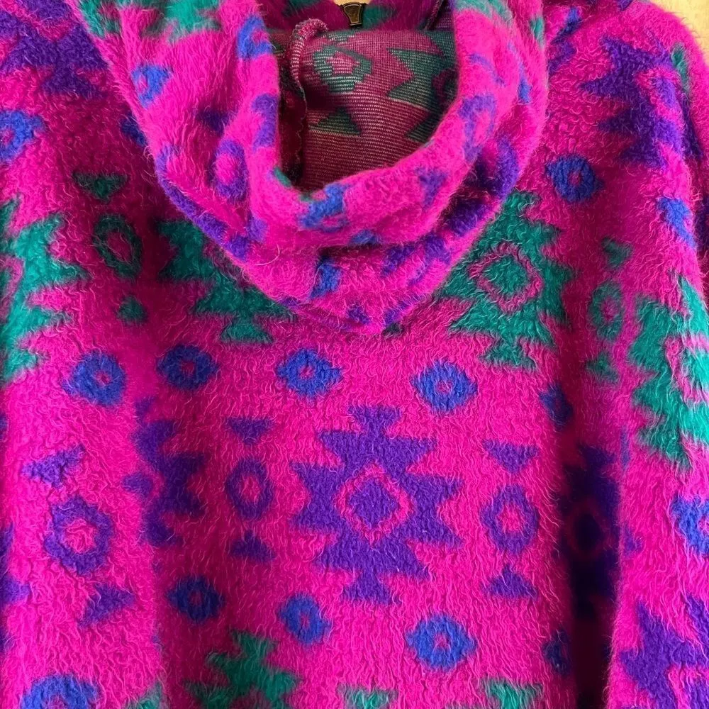 Vintage 90s Tribal Fuchsia Fleece Hoodie Pullover Sweater Purple Size L - Image 10