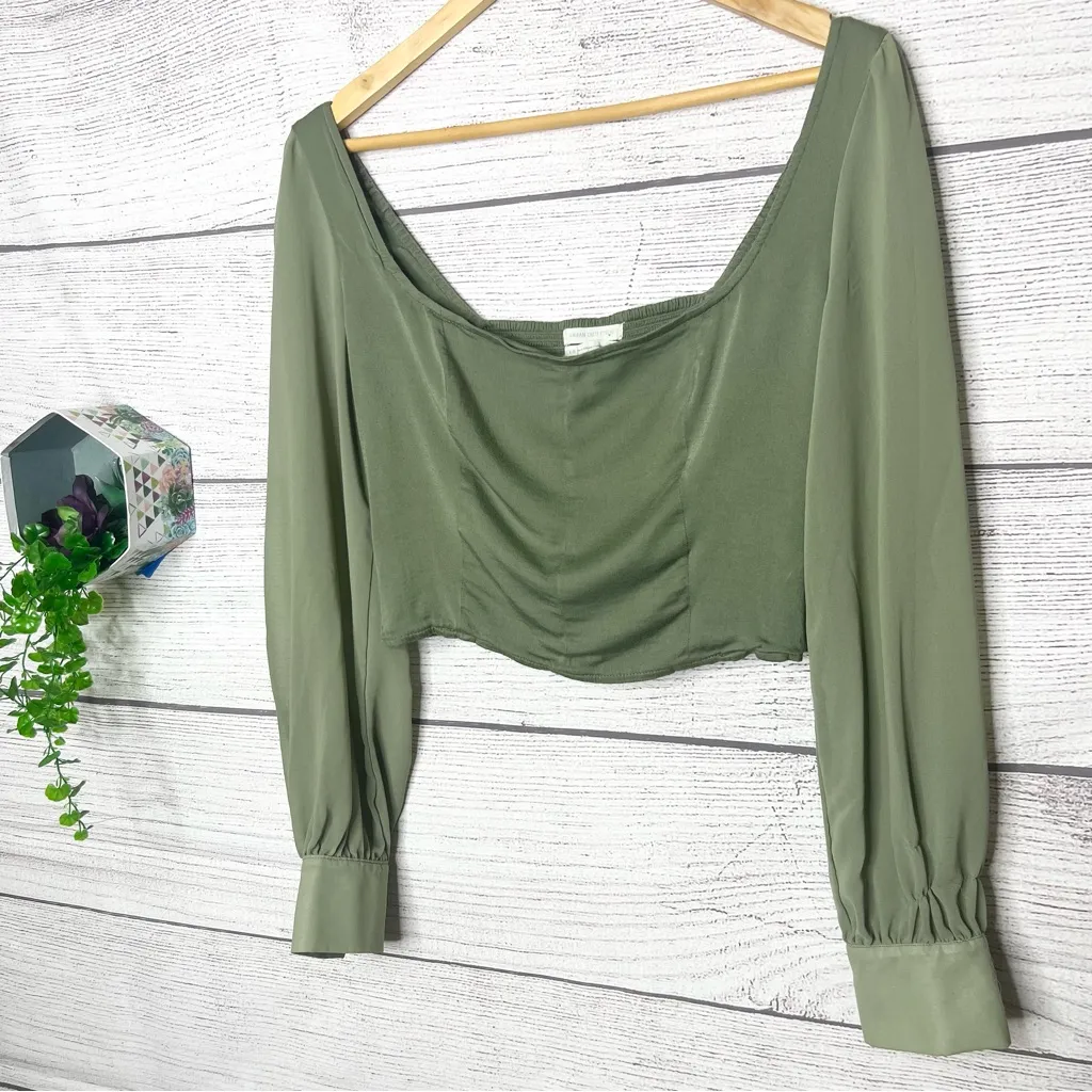 Urban Outfitters Green Sheer Long Sleeve Peasant Crop Top Size Large Bridgerton - Image 3