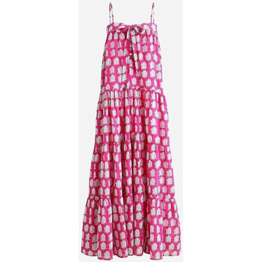 NWT SZ Blockprints x J.Crew Tie-front Tiered Maxi in Bright Pink Paisley Dress M - Image 5