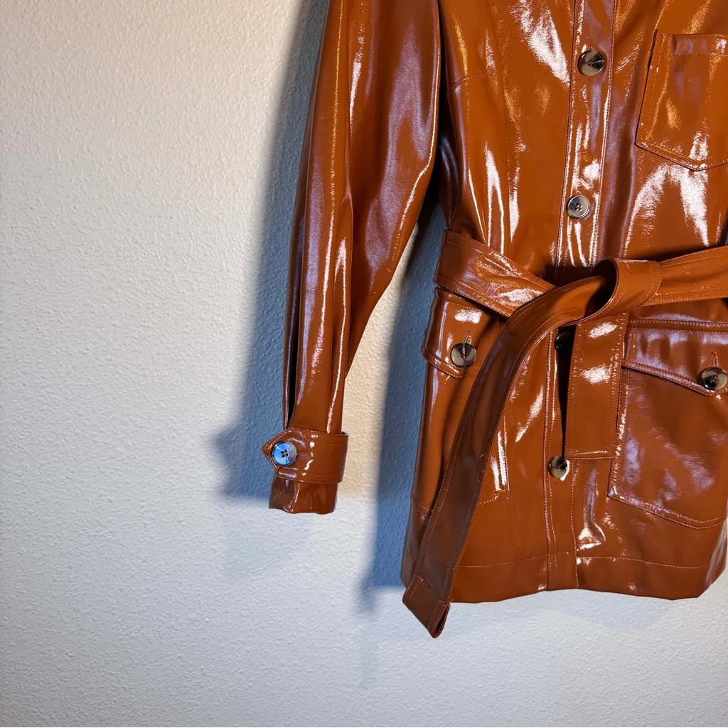 Topshop Brown Faux Patent Leather Trench Coat Jacket Womens 8 Preppy Fall Classy - Image 9