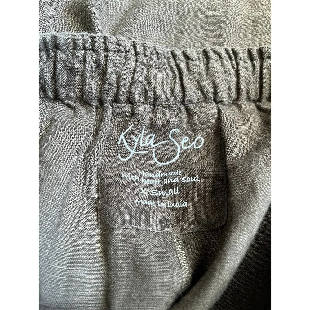 Kyla Seo Floral Embroidered Olive Green Handmade 100% Linen Pull On Pants Sz XS - Image 5