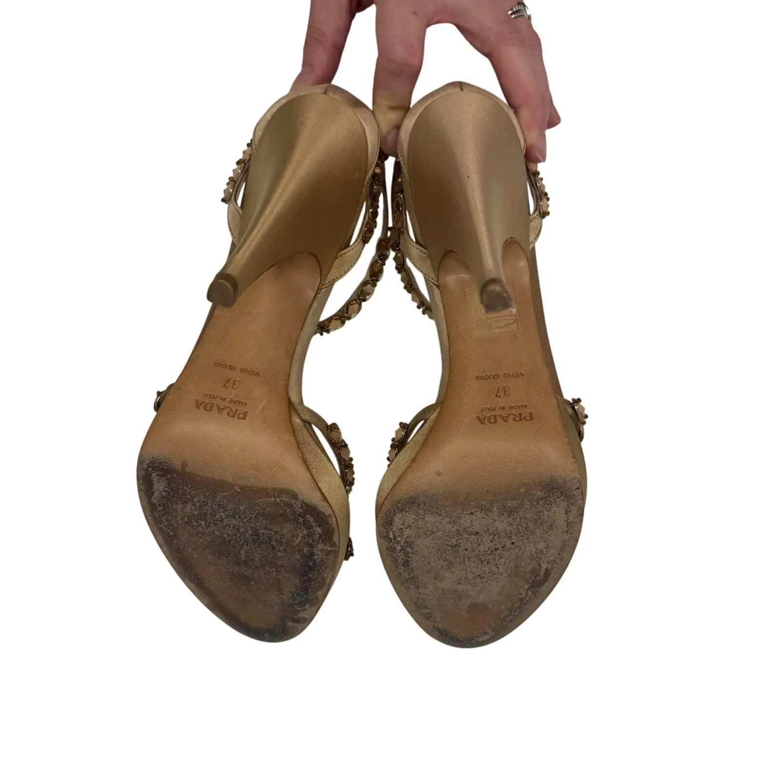 Prada Jeweled Satin Ankle Strap Heels Gold Bow Embellished Sandals 37 - Image 9