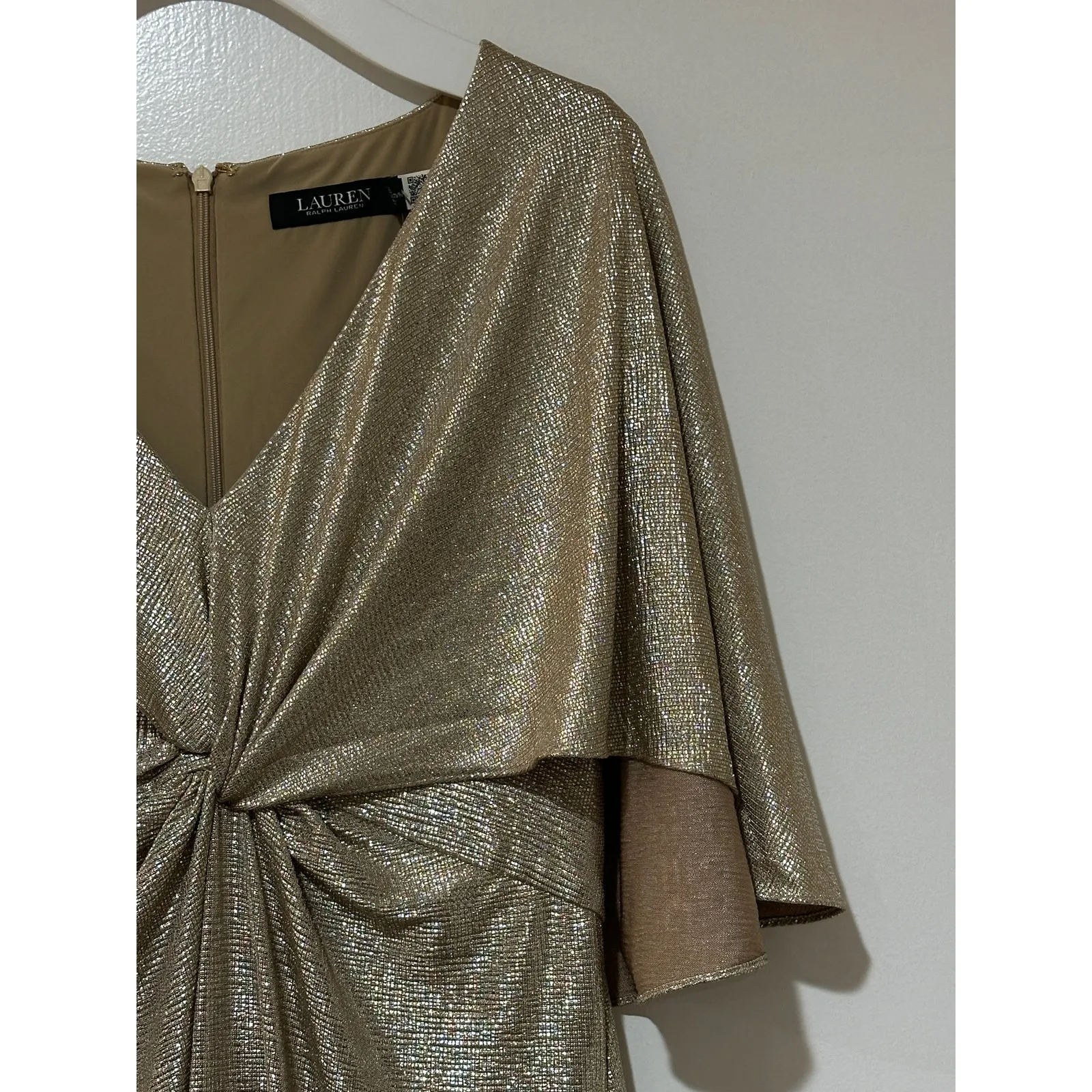 Lauren Ralph Lauren Foil Print Jersey Cape Gown Gold Size 8 NWT - Image 7