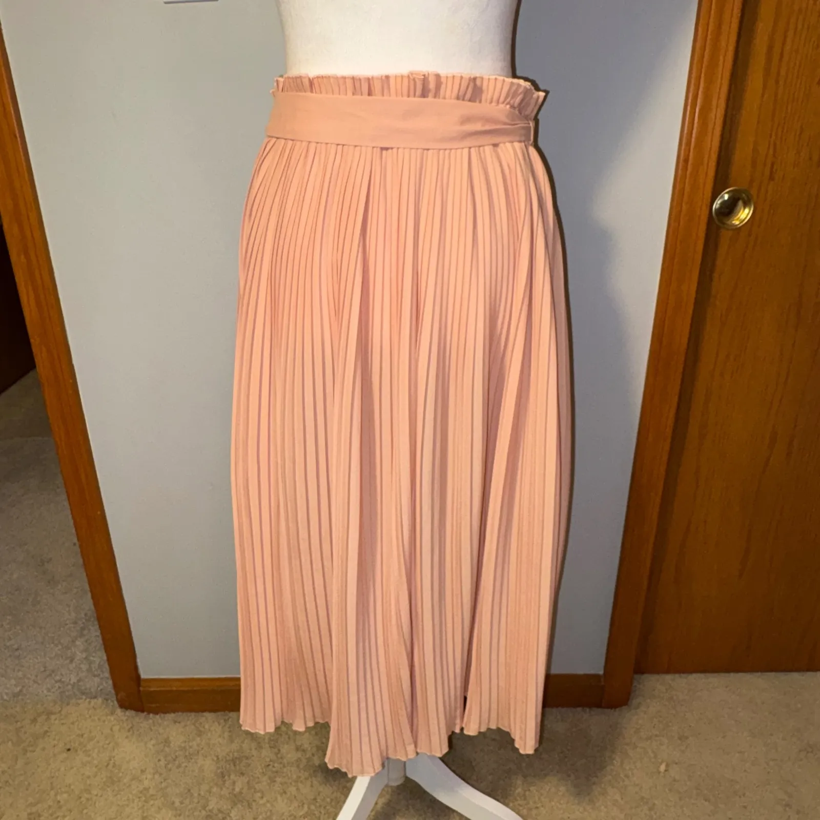 Hunter Dixon Anthropologie blush pink Pleated Midi Skirt Paperbag Waist Tie XS - Image 4