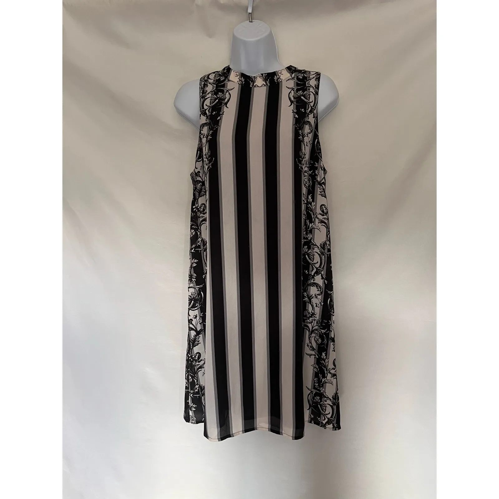 Bar III Stripe Shift Dress Sz M Black Cream Floral Mod Retro Chic Cocktail 60s - Image 6