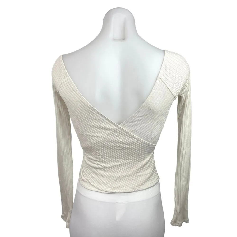 Reformation Minnie Ivory V-Neck Wrapped Knit Long Sleeve Ribbed Sweater Top XS - Image 4