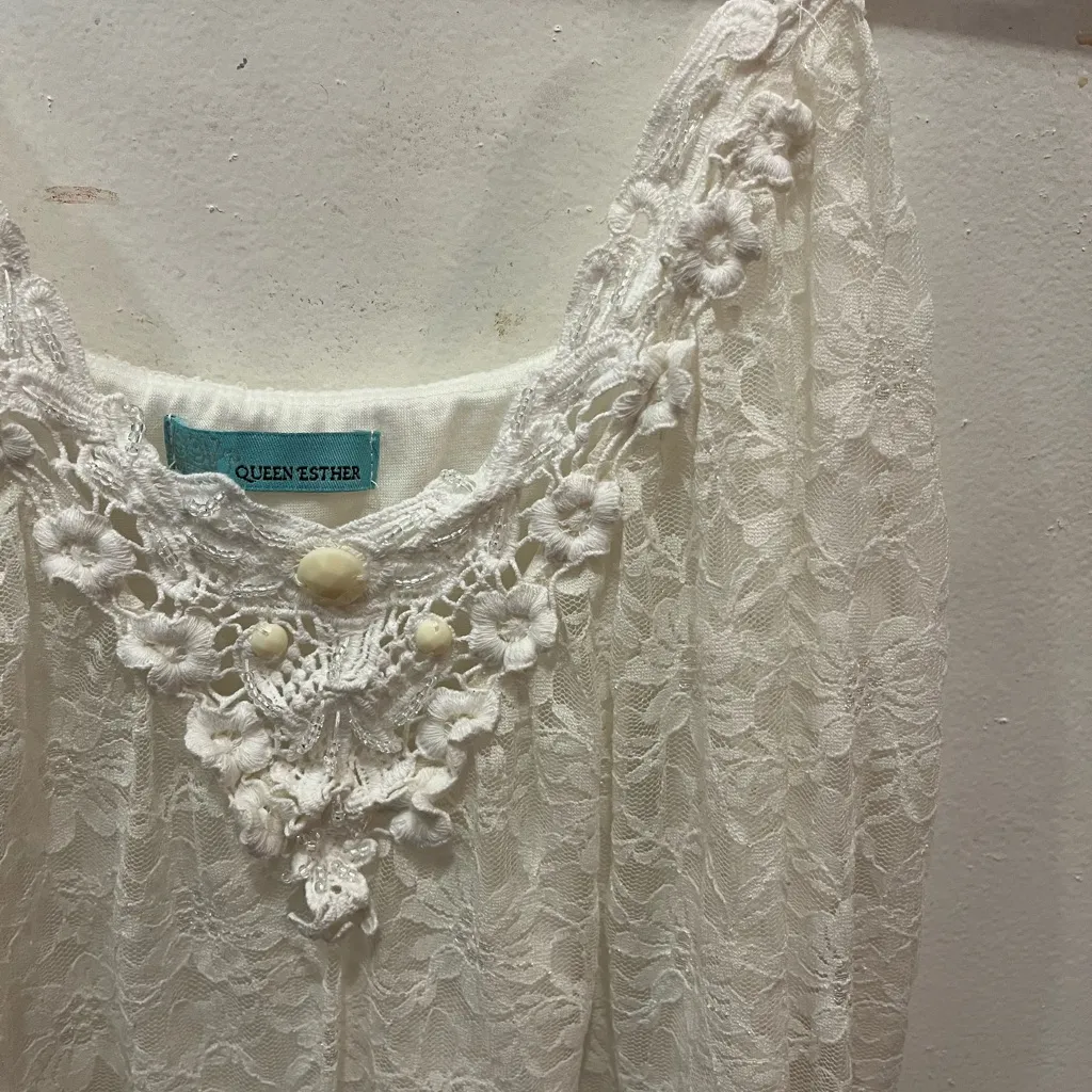 Queen Esther White Lace Sleeveless beaded adjustable straps Top - Image 4