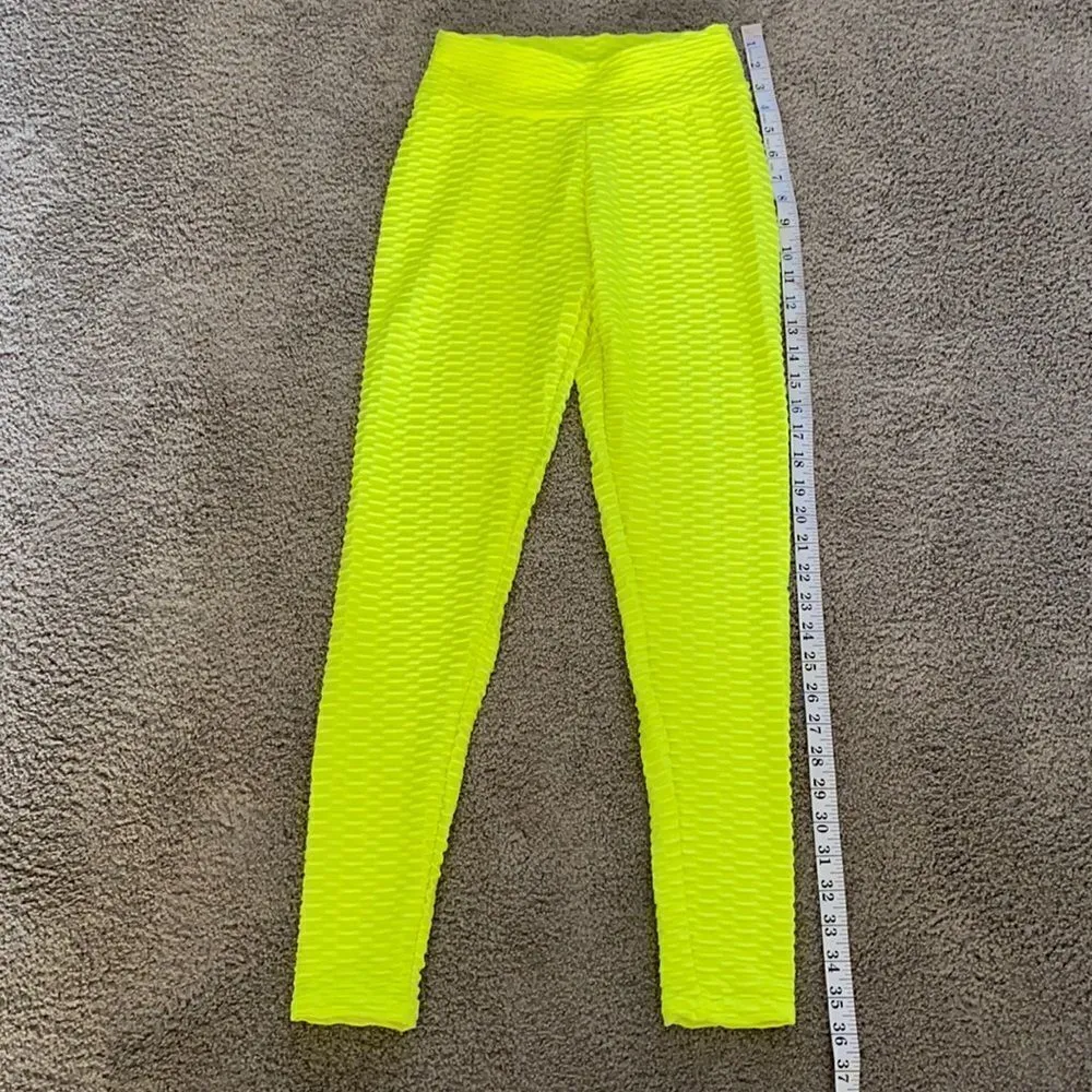 Women’s Leggings/High Waisted Yoga Pants Textured Neon Yellow Fabric Size S NEW - Image 5